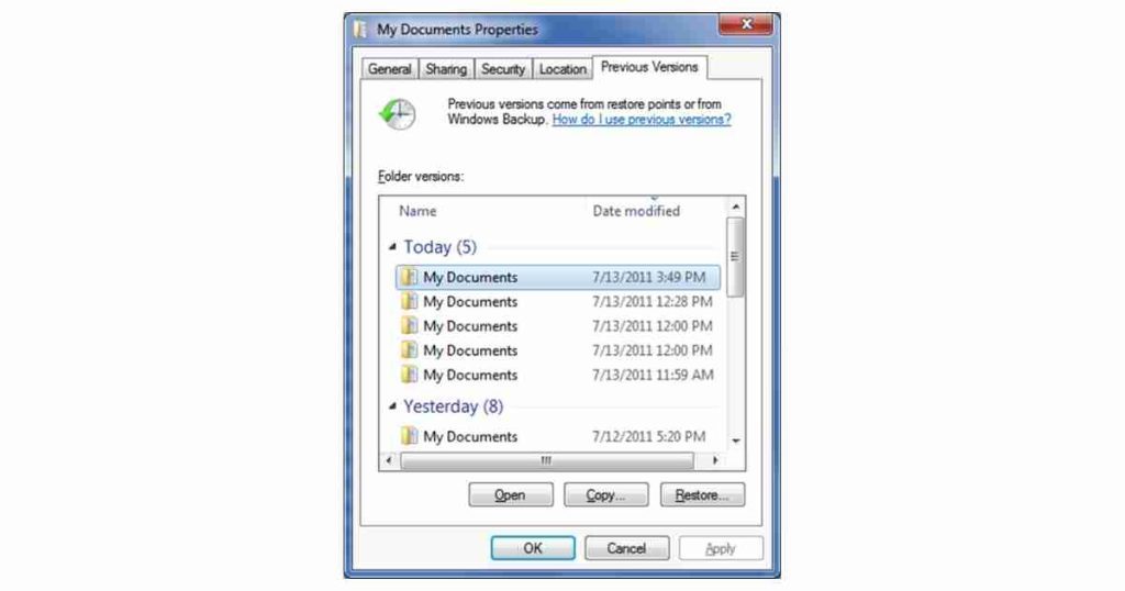 Use Windows Previous Versions Backup